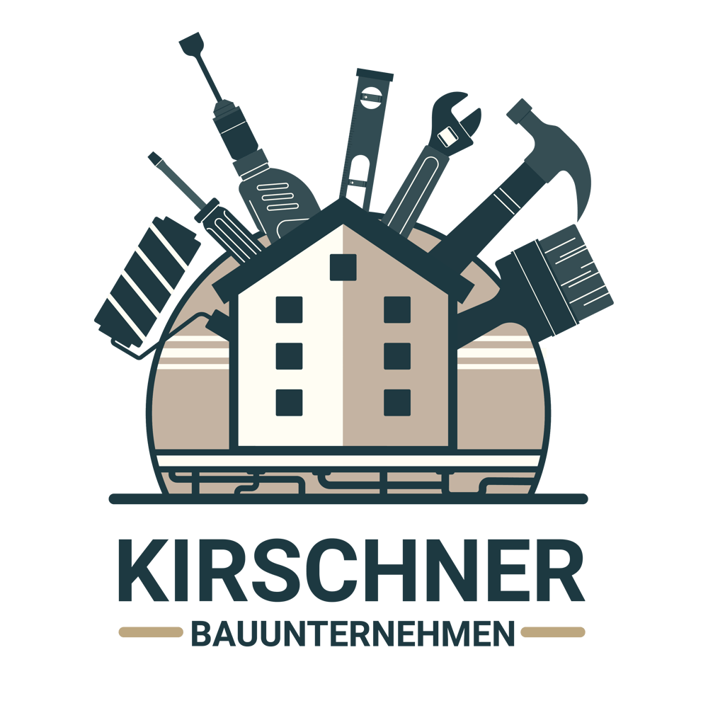 Gebäude mit Bauelementen, Werkzeugen und dem Text "KIRSCHNER BAUUNTERNEHMEN" auf grünem Hintergrund.