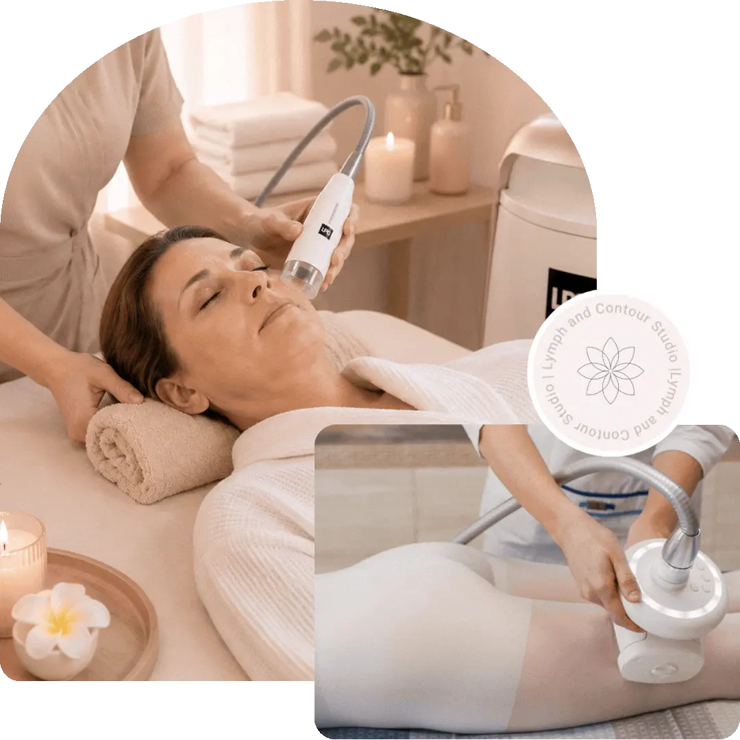 Woman receiving a machine-assisted facial massage and body contouring treatment at Lymph and Contour Studio