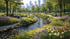 Ein blühender Stadtpark mit einem Bachlauf, Parkbänken und einer Skyline mit Hochhäusern im Hintergrund.