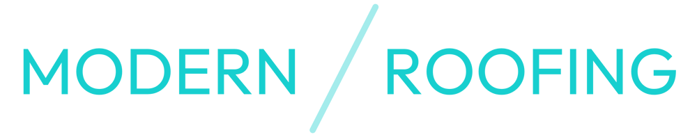 Modern Roofing logo in teal sans-serif text separated by a diagonal slash on a black background.
