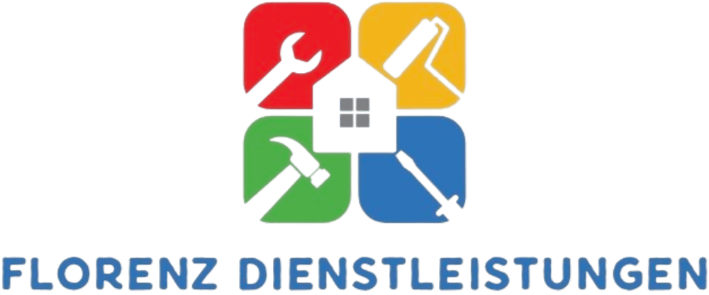 Logo: Haus in Mitte, umgeben von Werkzeug-Symbolen auf farbigen Quadraten, Text "FLORENZ DIENSTLEISTUNGEN".
