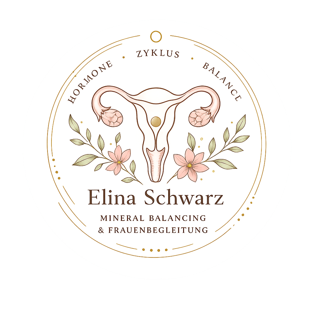Logo Elina Schwarz: Gebärmutter mit Blumen, umgeben von „Hormone, Zyklus, Balance“, „Mineral Balancing & Frauenbegleitung“.