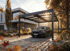 Schwarzes Auto unter einem Solar-Carport, mit einem modernen Haus und Herbstlaub im Hintergrund.