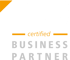 ELO certified BUSINESS PARTNER Logo mit orangefarbenem Band oben links und Registerzeichen.