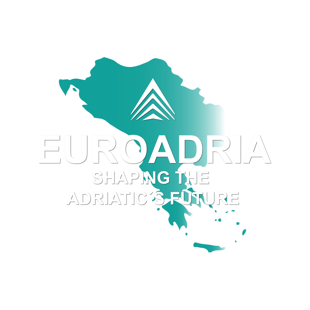 Umriss der Adria-Region mit Logo und Text: EUROADRIA SHAPING THE ADRIATIC'S FUTURE.