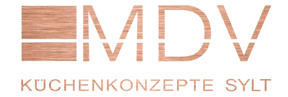 Logo: MDV Küchenkonzepte Sylt in Holzoptik auf dunkelgrünem Hintergrund.