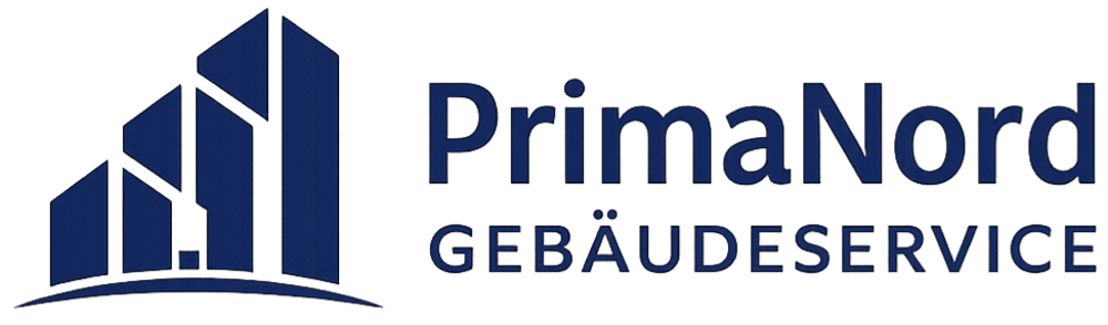 Blaues Logo mit stilisierten Gebäuden und dem Text "PrimaNord GEBÄUDESERVICE".