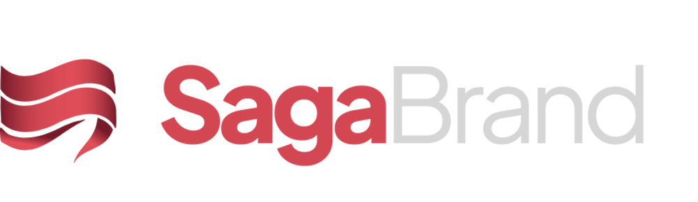 Red flowing ribbon logo followed by "Saga" in red and "Brand" in gray on a dark green background.