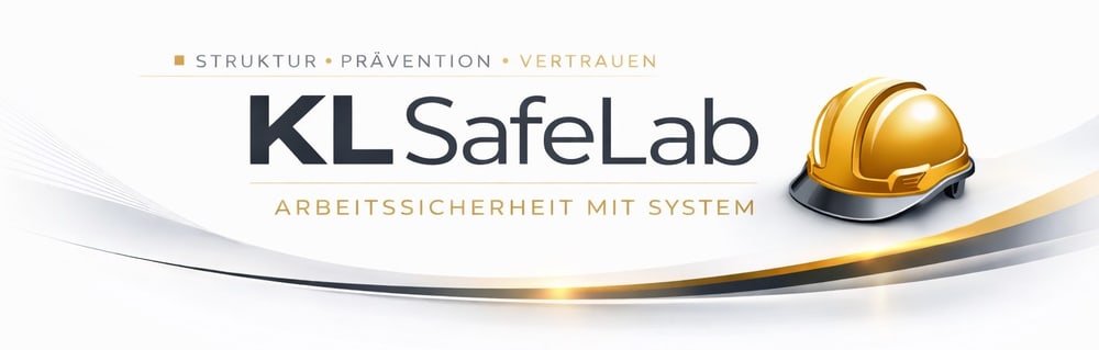 Logo von KL SafeLab mit goldfarbenem Schutzhelm und den Texten "STRUKTUR + PRÄVENTION + VERTRAUEN" und "ARBEITSSICHERHEIT MIT SYSTEM".