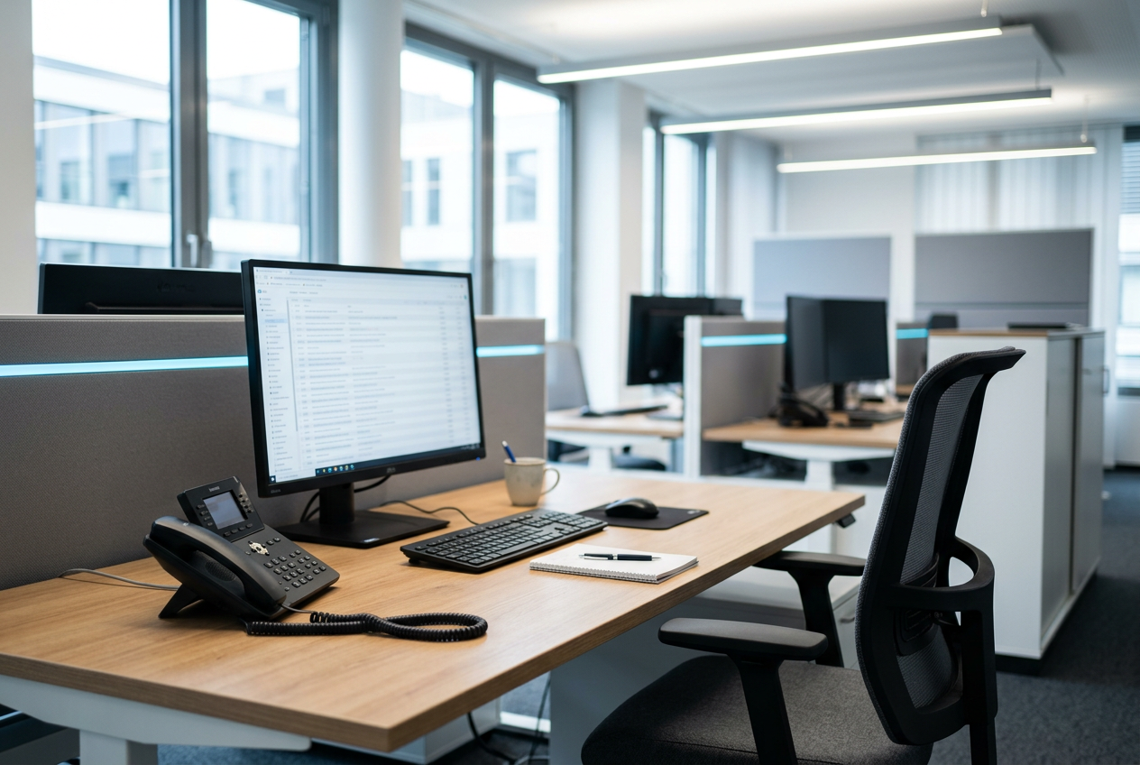 Telefonhörer neben einem Monitor mit langer Ticket-Liste, dahinter ein leerer Bürostuhl