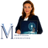 Frau in Anzug hält Laptop mit Medvision Consulting Logo und Gehirn-Chip-Grafik.