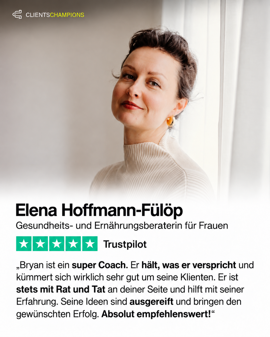 Kundenbewertung von Elena Hoffmann-Fülöp mit Porträt und fünf Sternen
