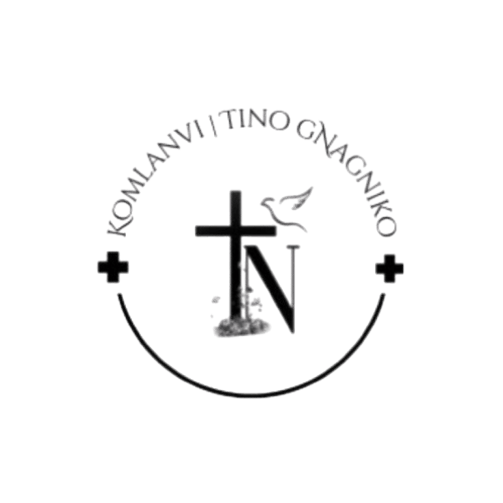 Global Munich Events München - Schwarzes Logo mit Kreuz, Buchstabe N Taube zwei Pluszeichen und Text KOMLANVI TINO GNAGNIKO