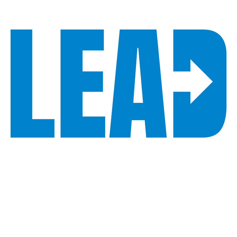 Schriftzug LEAD WRITING in Blau und Weiß auf schwarzem Hintergrund mit einem Pfeil im Buchstaben D.