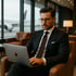 Ein Geschäftsmann im Anzug arbeitet mit einem Laptop in einer Flughafenlounge, ein Flugzeug ist im Hintergrund sichtbar.
