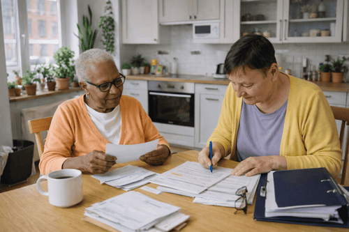 Two women at the kitchen table reviewing documents, one writing, the other holding papers.