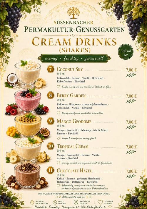 Speisekarte Cream Drinks und Shakes