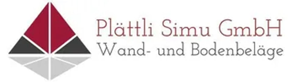 Logo von Plättli Simu GmbH, Wand- und Bodenbeläge, mit einem roten, grauen und schwarzen Dreiecksmuster.