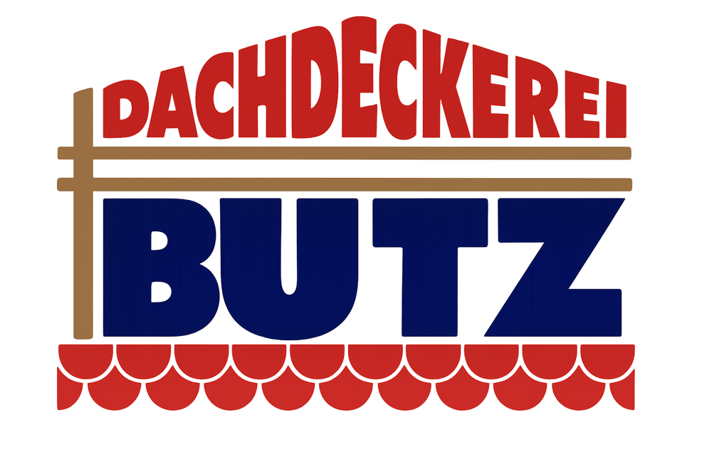 Rotes „Dachdeckerei“ über braunen Linien, darunter großes blaues „BUTZ“ und rote Dachziegel.