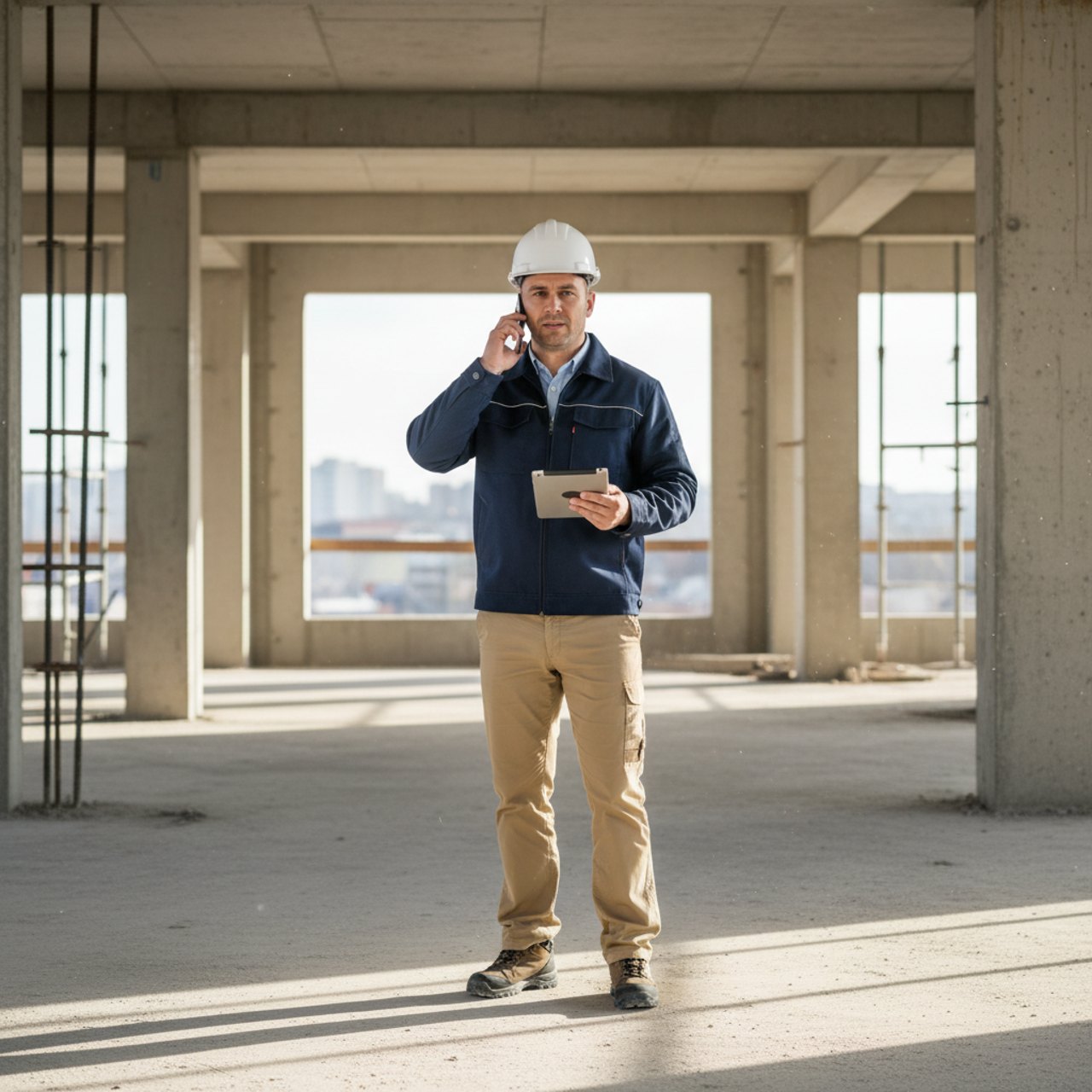 Bauleiter mit Tablet im Rohbau