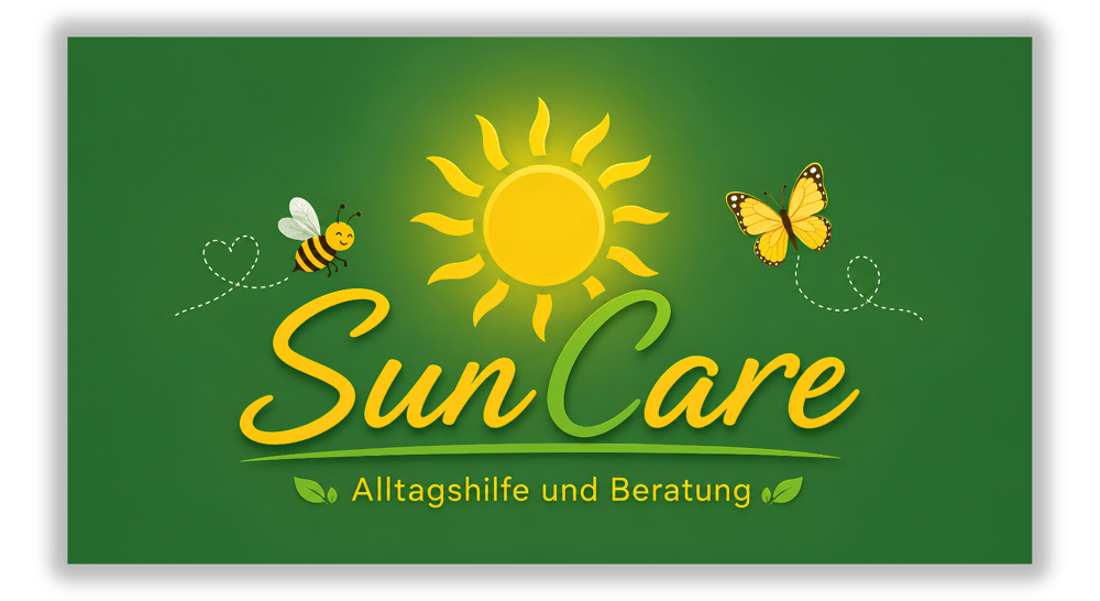 SunCare Logo mit Sonne, Biene und Schmetterling auf grünem Grund sowie Text Alltagshilfe und Beratung.