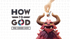 Eine Hand hält eine kleine Figur über einem großen, roten Monster mit Hörnern. Titel: „HOW TO GOD. PRE-ORDER NOW“.