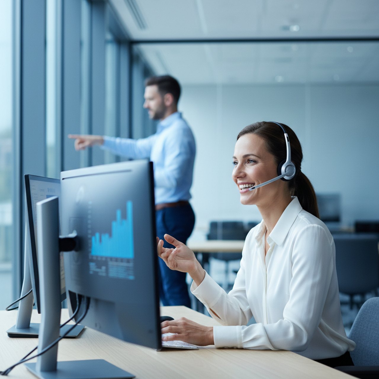 Mitarbeiterin mit Headset am Arbeitsplatz