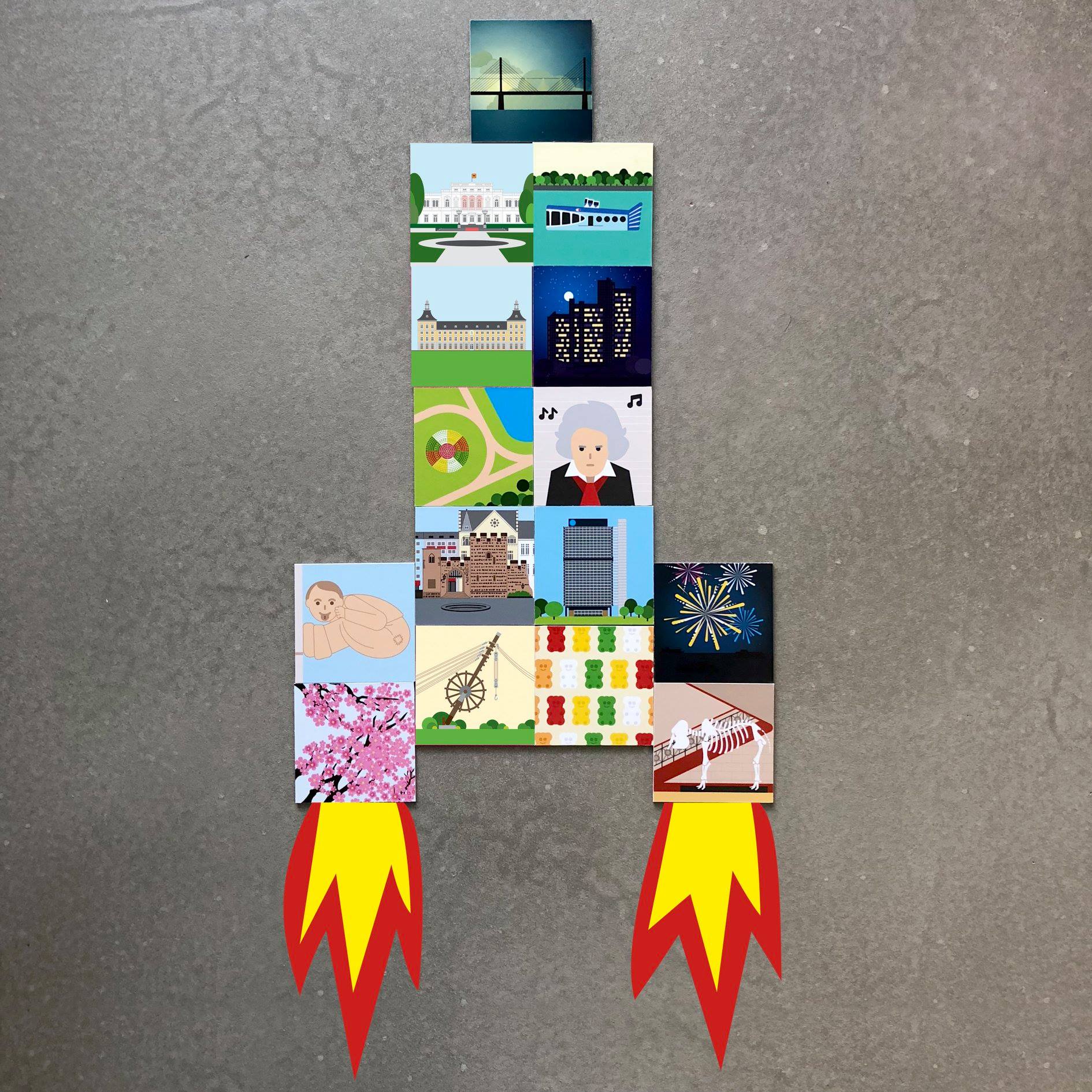 Spielkarten-Collage mit Rakete aus der Bonn-Memo-Kampagne