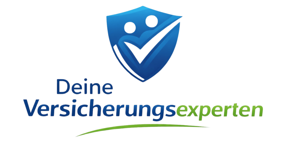 Blaues Schild-Logo mit Häkchen und Text "Deine Versicherungsexperten", "Versicherungs" blau, "experten" grün.