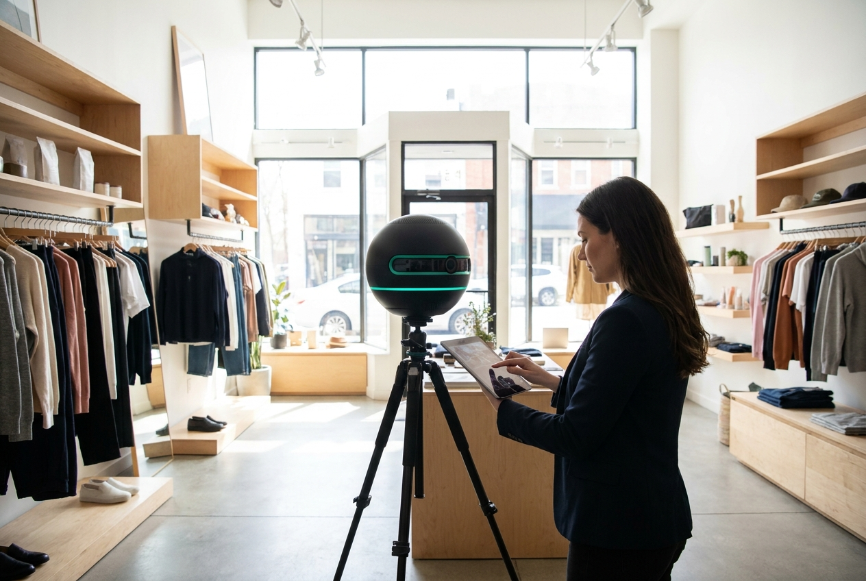 Fotograf scannt ein Geschäft mit der Matterport Pro2