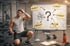 Verwirrter Mann mit Kurzhantel vor einer Tafel mit "GERÄTE?", "KURSE?", "CARDIO?", "RATLOS!" und Fragezeichen.
