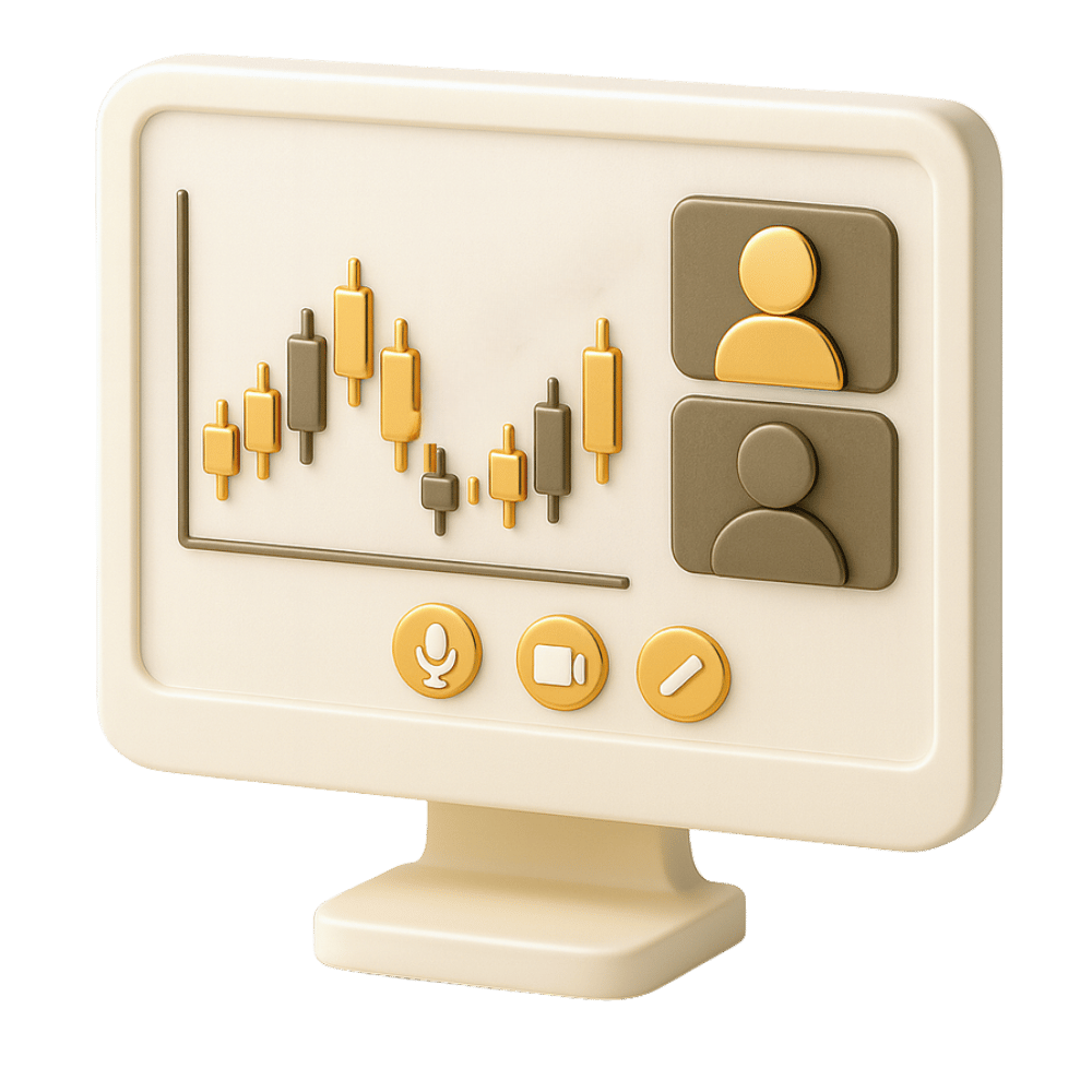 Computerbildschirm mit Kerzenchart, zwei Nutzerprofilen und Symbolen für Mikrofon, Kamera und Bearbeiten.