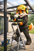 Fuchs-Maskottchen mit gelbem Helm und Gehörschutz bohrt an einer Terrassenüberdachung.