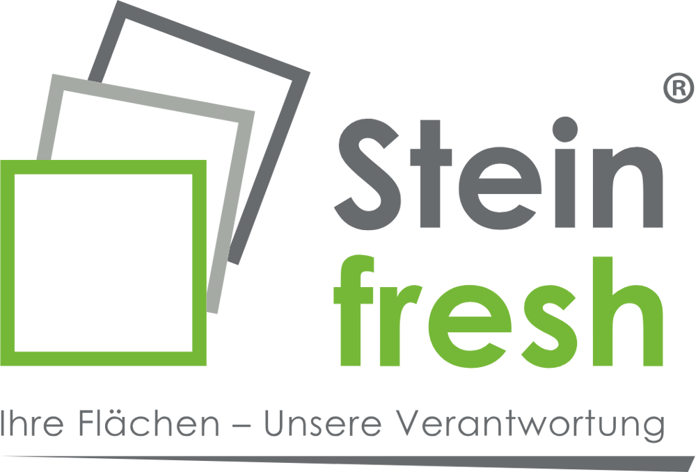 Stein fresh Logo mit drei überlappenden Rechtecken und dem Slogan "Ihre Flächen – Unsere Verantwortung".