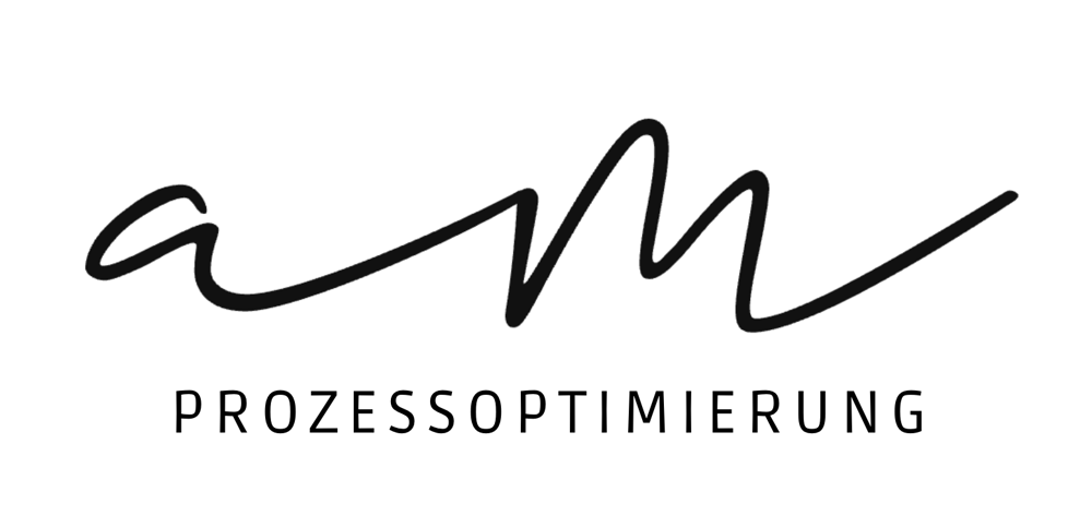 Logo mit stilisierten Buchstaben "am" in Schreibschrift, darunter "PROZESSOPTIMIERUNG" in Großbuchstaben.