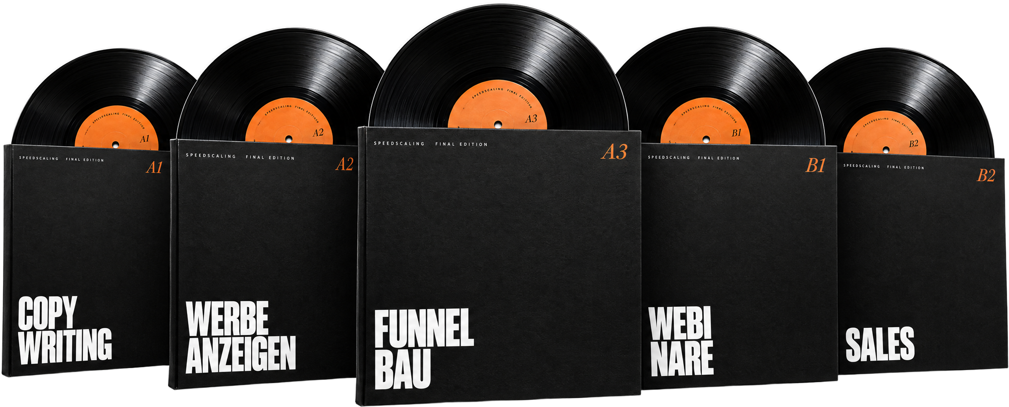Fünf Schallplatten: Copywriting, Werbeanzeigen, Funnelbau, Webinare, Sales
