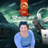 Woman smiling in front of a fantasy landscape with a microphone, headphones, and "Worlds Without End" logo.