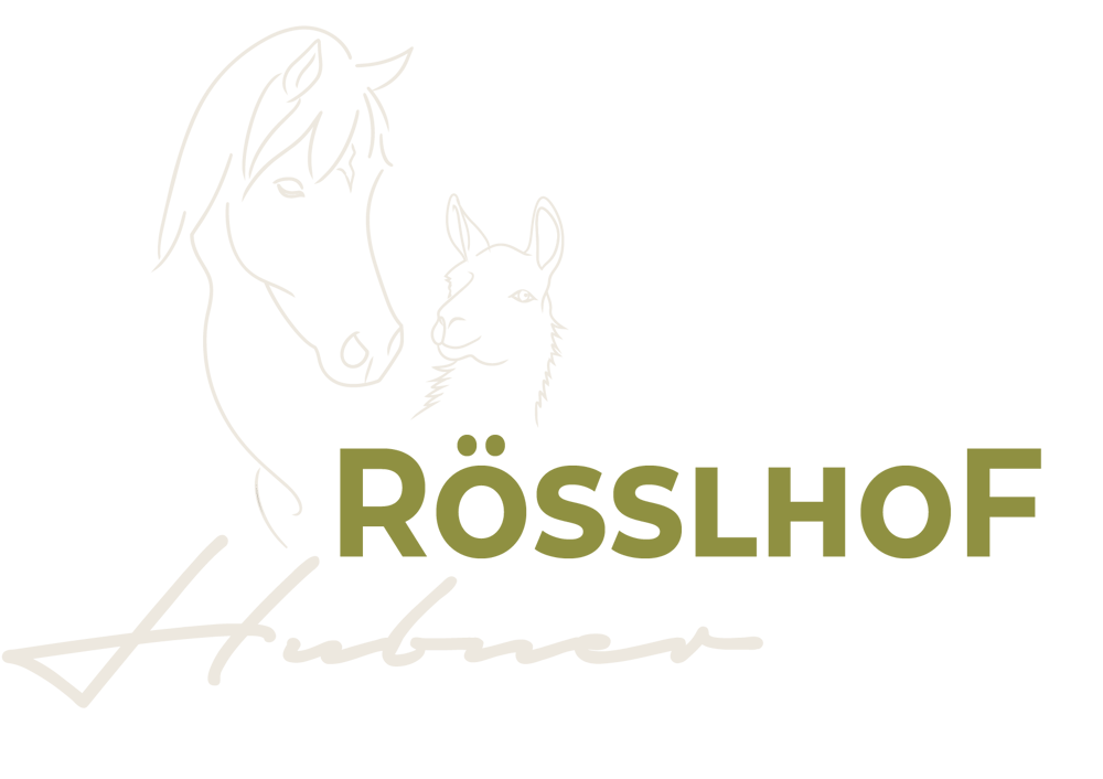Umriss eines Pferdekopfes und eines Lamas mit Text "RÖSSLHOF Hübner" auf grünem Hintergrund.