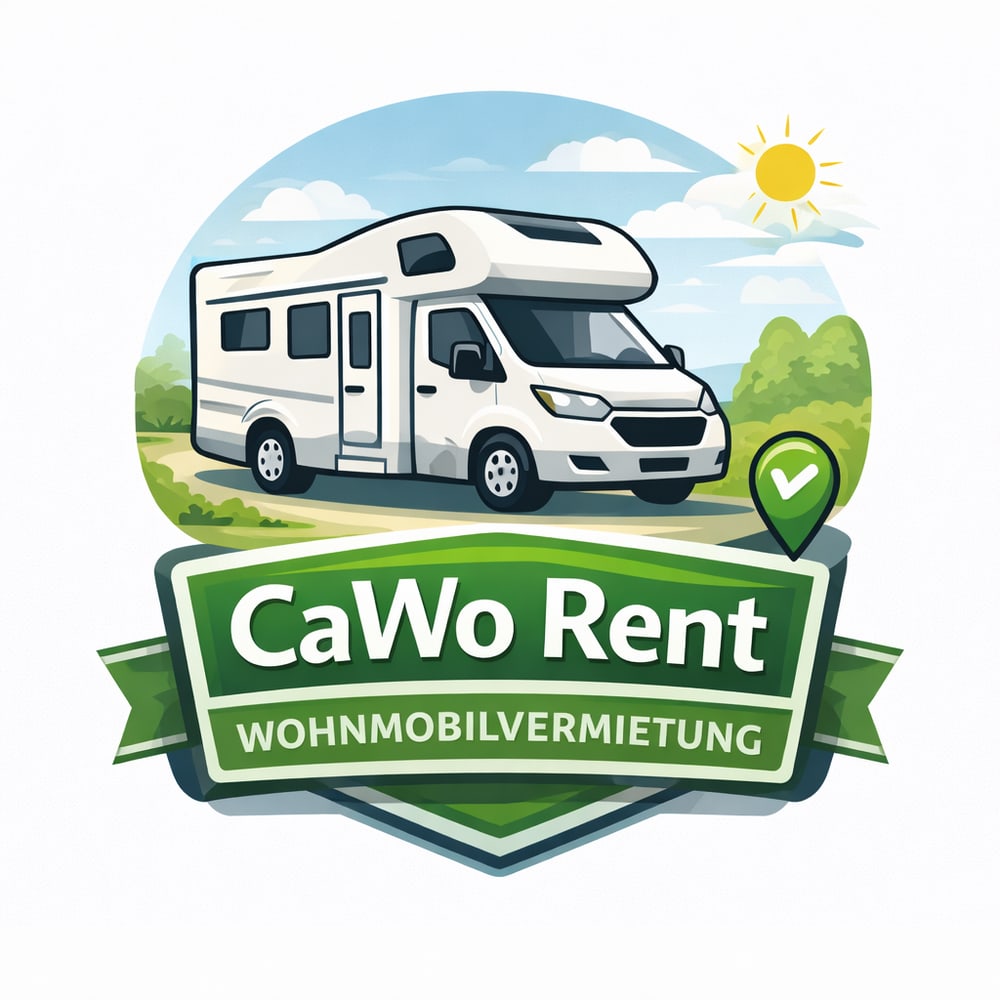 Weißes Wohnmobil auf Landstraße, umgeben von grünen Hügeln unter blauem Himmel mit Sonne. Logo "CaWo Rent Wohnmobilvermietung".
