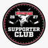 Rundes Logo des Kölner Haie Supporter Club 26/27 mit Hai-Symbol, Eishockeyschlägern und weißem Text auf schwarzem Grund.