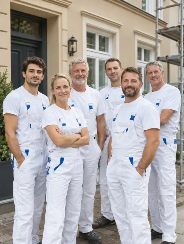 Das Malerteam von Farbwerk Lohmann vor einer sanierten Fassade