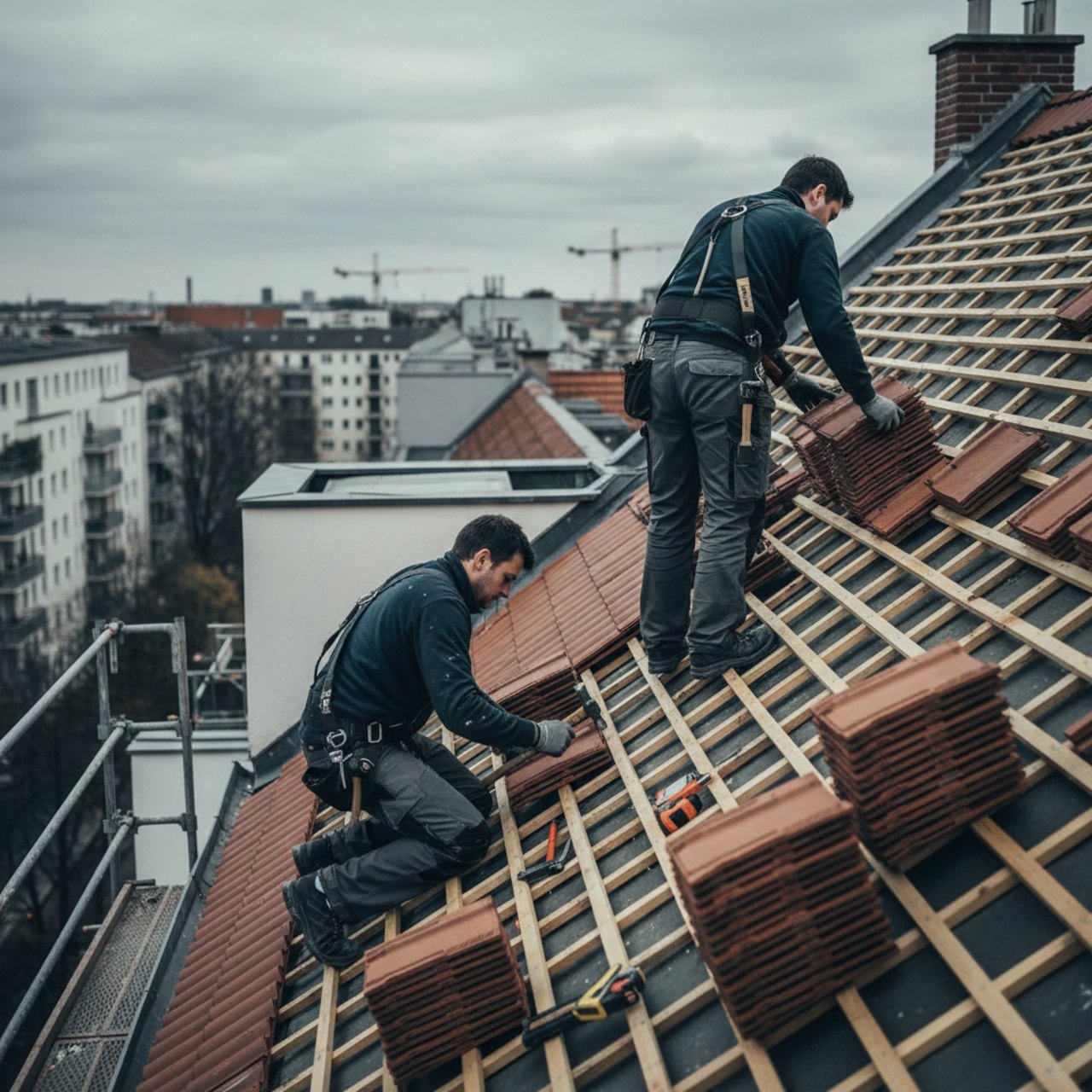 Dachdecker bei der Steildach-Sanierung