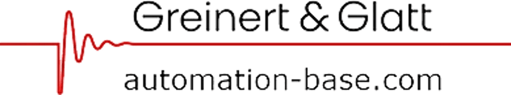 Logo von Greinert & Glatt mit einer roten Linie und einem Pulssignal, darunter "automation-base.com".