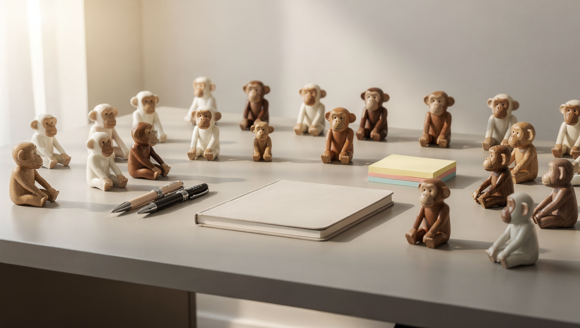 Mehrere kleine Affenfiguren stehen auf einem modernen Bürotisch neben einem leeren Notizbuch und symbolisieren das Monkey-Management.