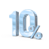 Glänzende, silberne 3D-Zahlen "10%" auf weißem Podest.