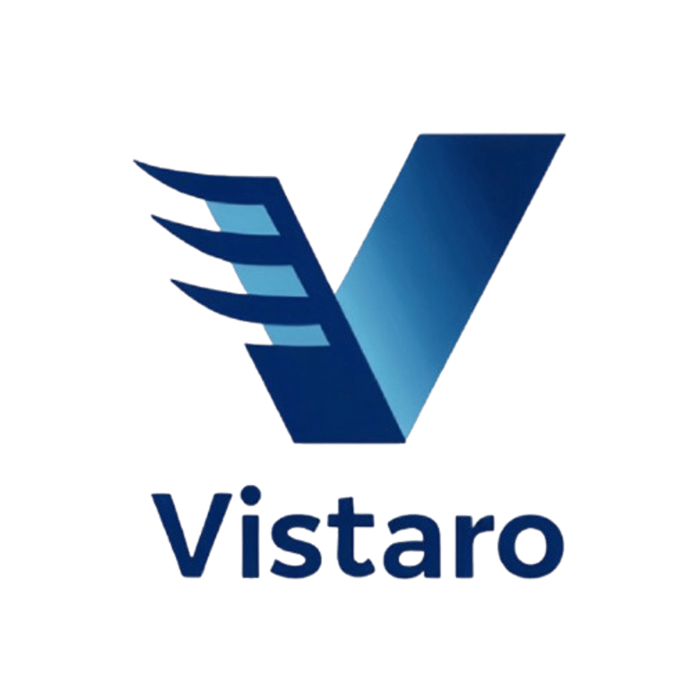 Blaues V-Logo mit drei geschwungenen Linien links und dem Wort „Vistaro“ darunter.