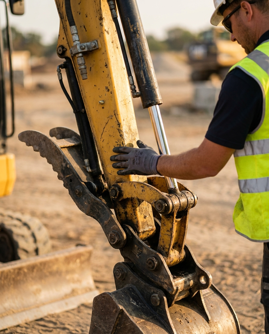 Bauprofi prüft die Hydraulik eines Baggers auf Qualität