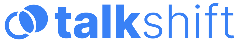 Talkshift logo with two blue curved shapes forming a circle before the text.