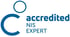 Blaues Logo, das eine Person mit dem Text "accredited NIS EXPERT" darstellt.