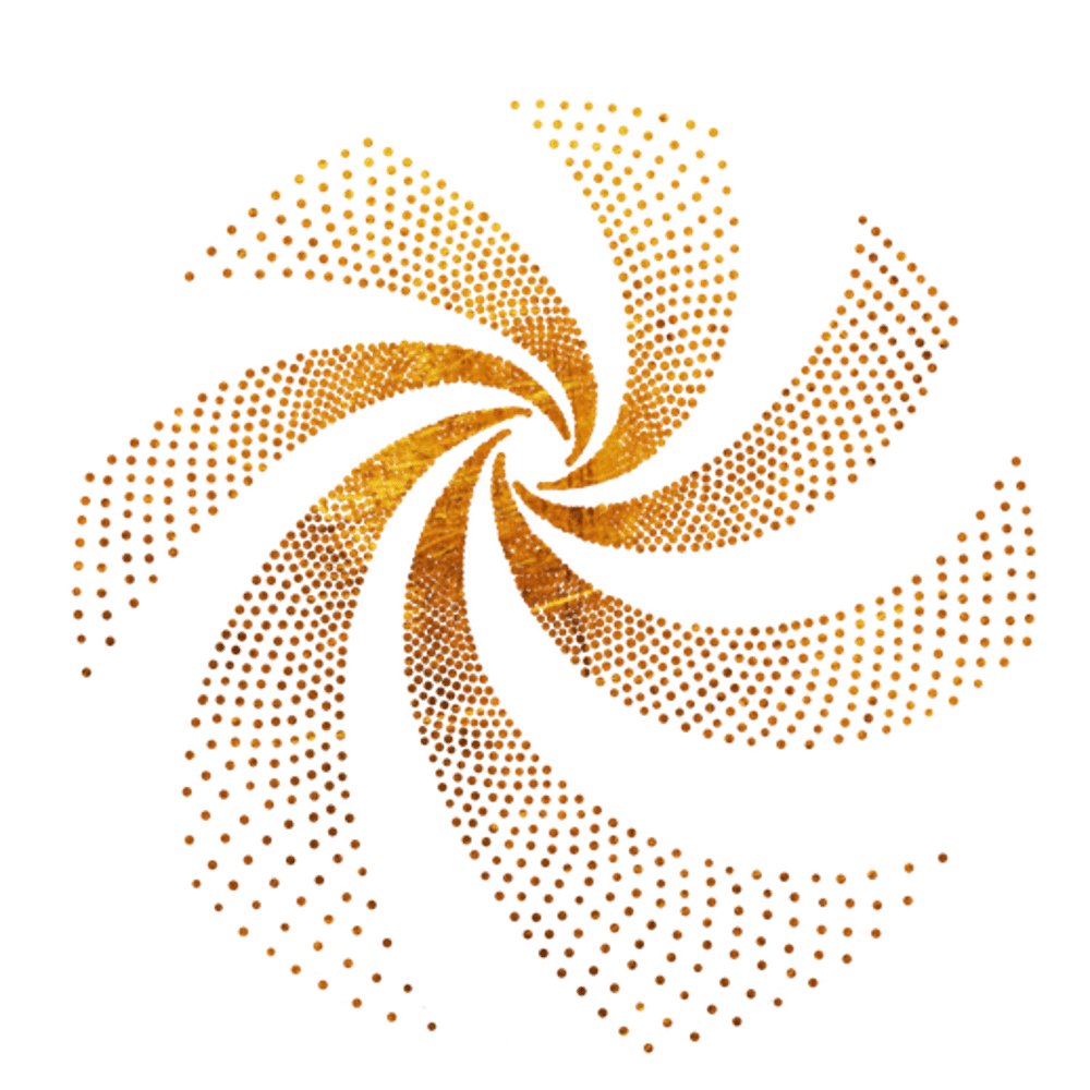Goldene Spirale aus Punkten und Textur auf dunklem Hintergrund.